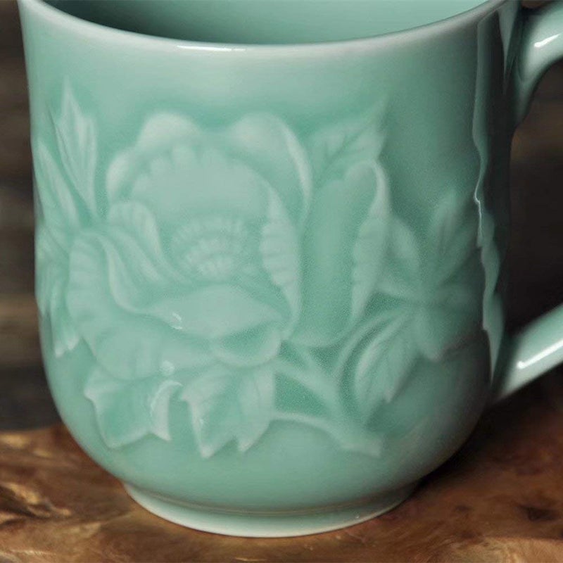 Handmade Celadon Teacups 13oz Coffee Mugs with Lid Porcelain Cups Embossed with Peony Chinese Celadon(01-Sky Blue) - Image 4